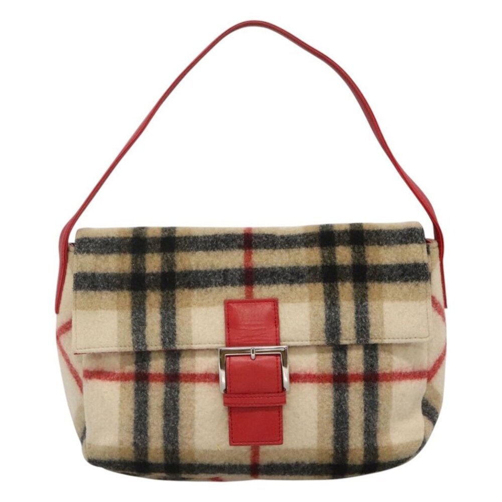 Burberrys Nova Check Blue Label Shoulder Bag Wool Beige Red Silver Auth - Picture 2 of 16